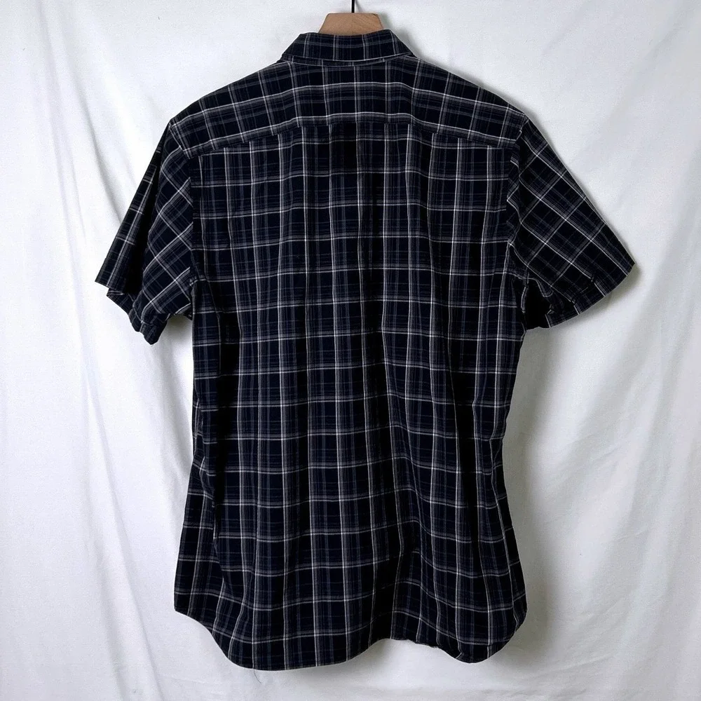 Banana Republic Mens Short Sleeve Plaid Button Down Shirt Black Size L Stretch